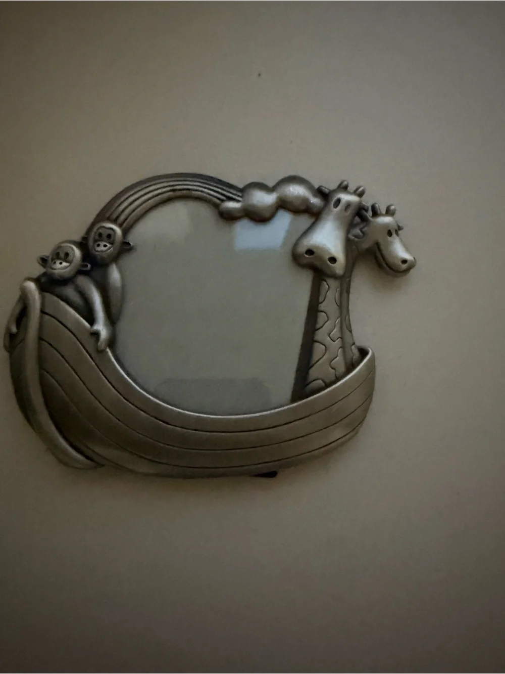 Vintage Noah’s Ark Pewter Tone Baby Picture Frame | Nursery Décor | Animals | 4”